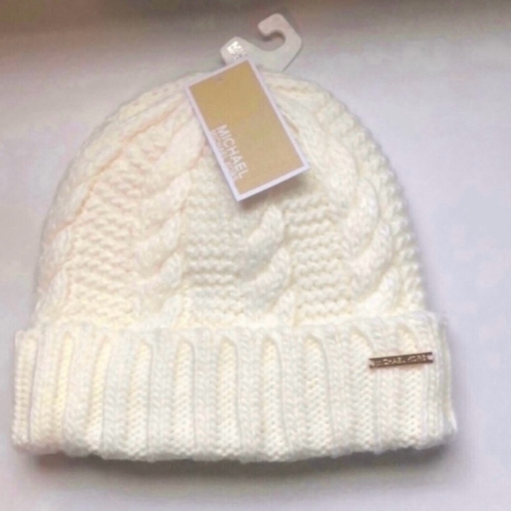 New Michael Kors Hat Women’s Ivory Winter Lined Cable Knit Cuffed Beanie Hat - Picture 12 of 12